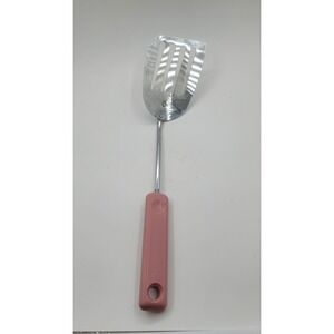 Vintage Ekco Angled Slotted Spatula Turner Flipper w/ Pink Handle.